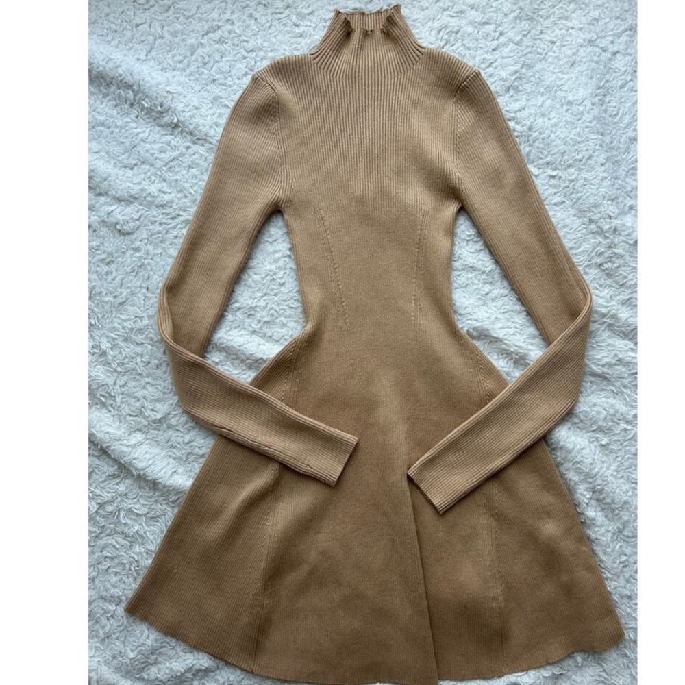 Elegant Tan Knit turtleneck Dress medium NWT